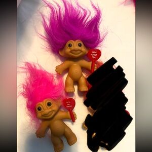 Vintage Troll Dolls Lot of 2 Pink & Purple Hair With Heart Signs 1990s